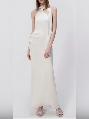 SIMKHAI Gown Vittoria Ivory Satin Maxi Dress Halter Neck Open Back New